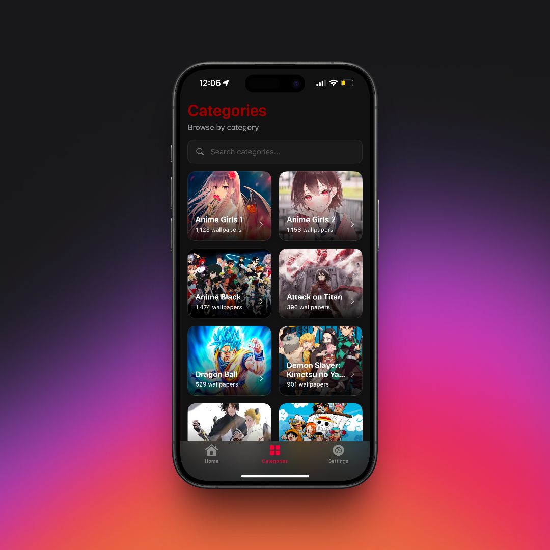RealAnime Categories Screen - Browse anime wallpapers by category